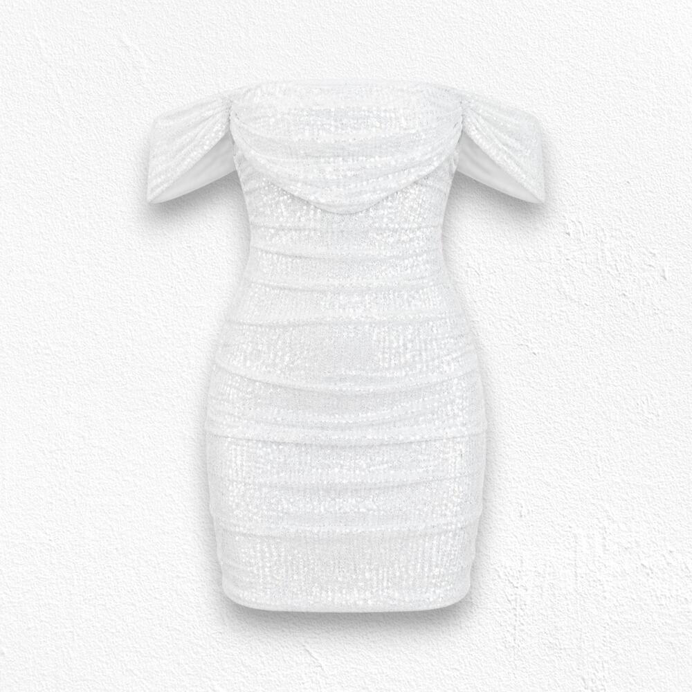 Hello Molly Frequent The Club White Sequin Off Shoulder Bodycon Mini Dress Small